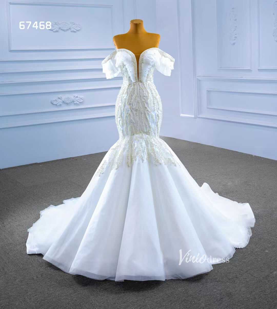 Pearl Mermaid Wedding Dresses Off the Shoulder Trumpet Bridal Gown 67468-wedding dresses 2025 -Viniodress-Ivory-Custom Size-