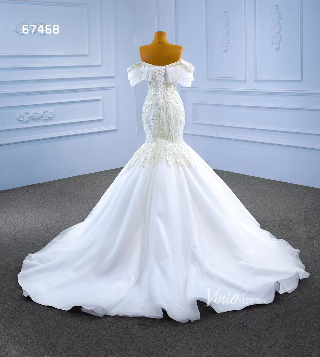 Pearl Mermaid Wedding Dresses Off the Shoulder Trumpet Bridal Gown 67468-wedding dresses 2025 -Viniodress-Ivory-Custom Size-