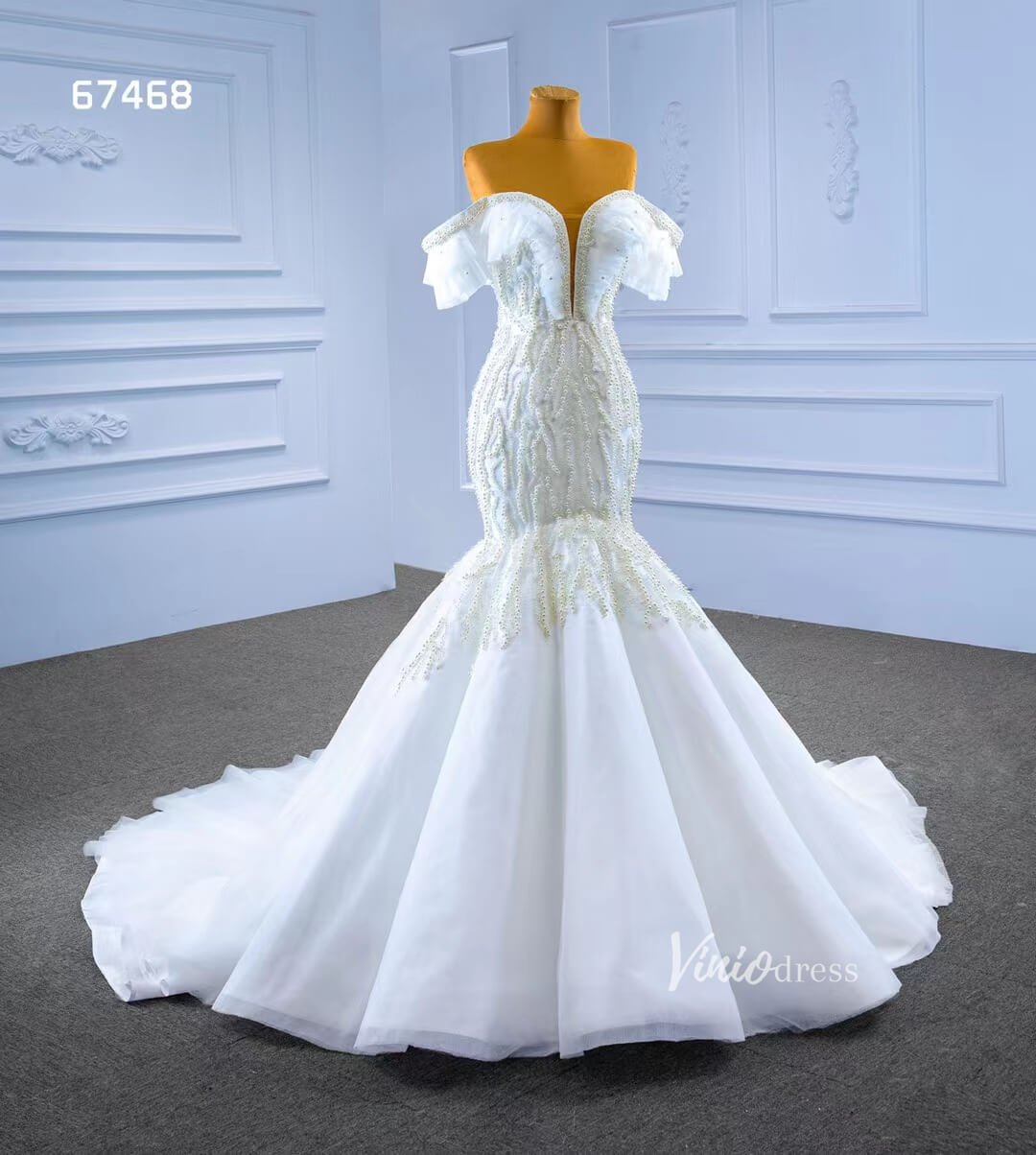 Pearl Mermaid Wedding Dresses Off the Shoulder Trumpet Bridal Gown 67468-wedding dresses 2025 -Viniodress-Ivory-Custom Size-