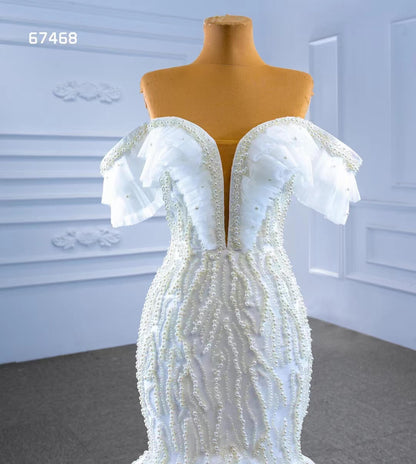 Pearl Mermaid Wedding Dresses Off the Shoulder Trumpet Bridal Gown 67468-wedding dresses 2025 -Viniodress-Ivory-Custom Size-
