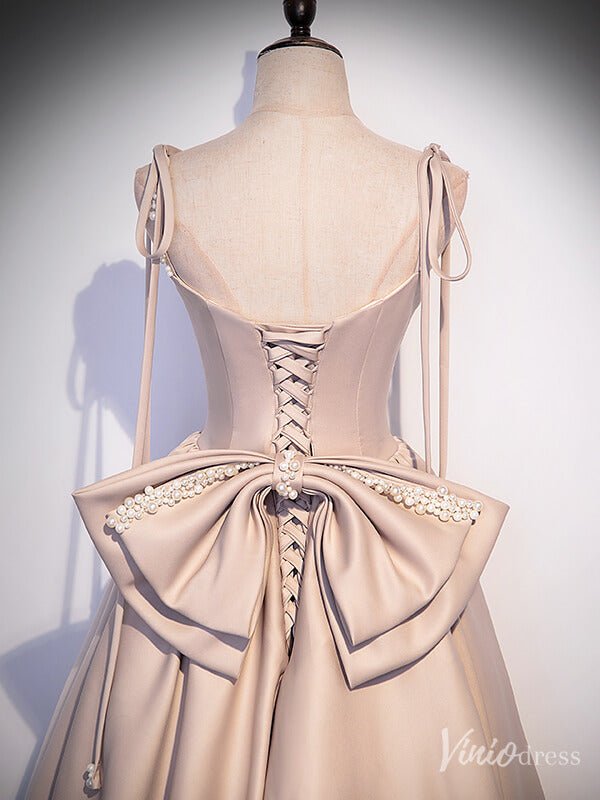 Pearl Pink Satin Prom Dresses Bow Tie Spaghetti Strap Formal Gown FD2312-prom dresses 2025 -Viniodress-Pink-Custom Size-