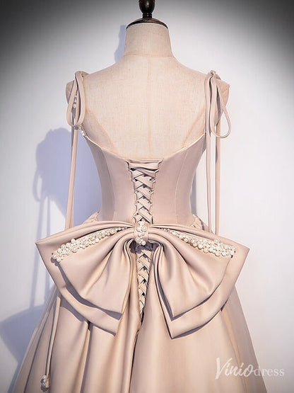 Pearl Pink Satin Prom Dresses Bow Tie Spaghetti Strap Formal Gown FD2312-prom dresses 2025 -Viniodress-Pink-Custom Size-
