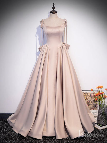 Pearl Pink Satin Prom Dresses Bow Tie Spaghetti Strap Formal Gown FD2312-prom dresses 2025 -Viniodress-Pink-Custom Size-