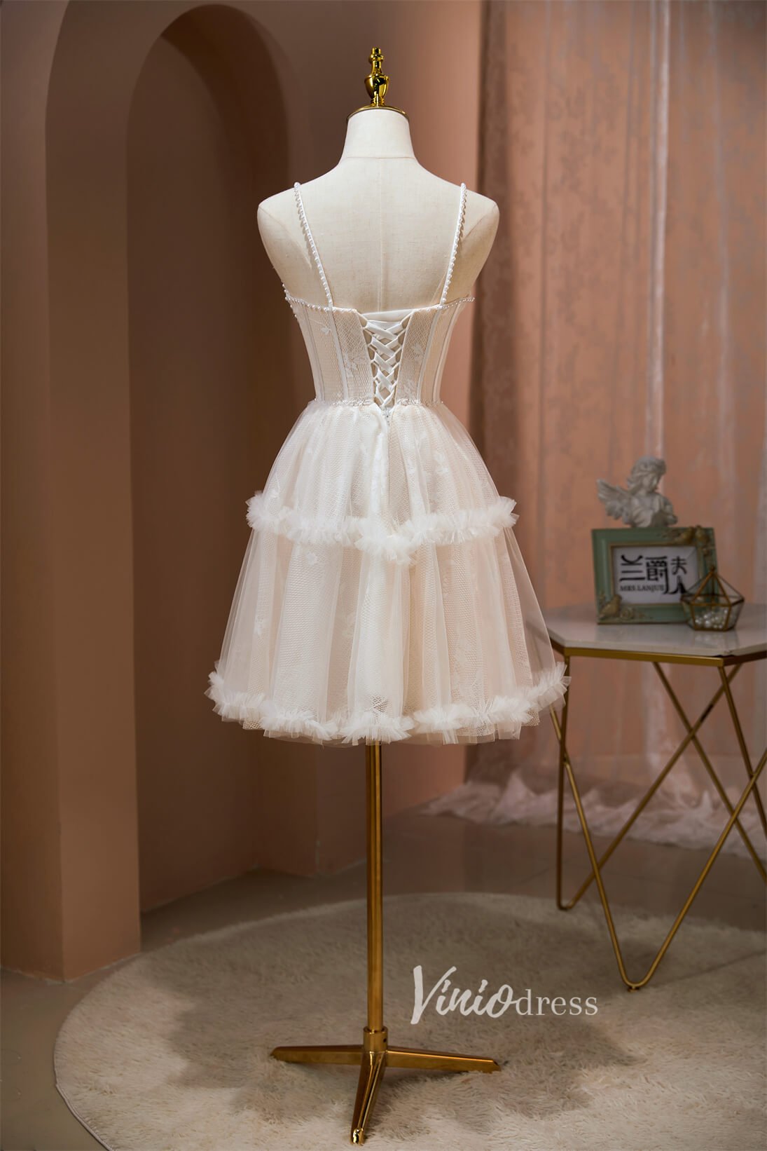 Pearl Spaghetti Strap Homecoming Dresses Short Tulle Graduation Dress SD1505-Dresses 2025 -Viniodress-Ivory-Custom Size-