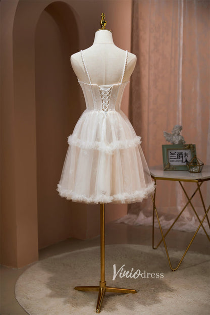 Pearl Spaghetti Strap Homecoming Dresses Short Tulle Graduation Dress SD1505-Dresses 2025 -Viniodress-Ivory-Custom Size-
