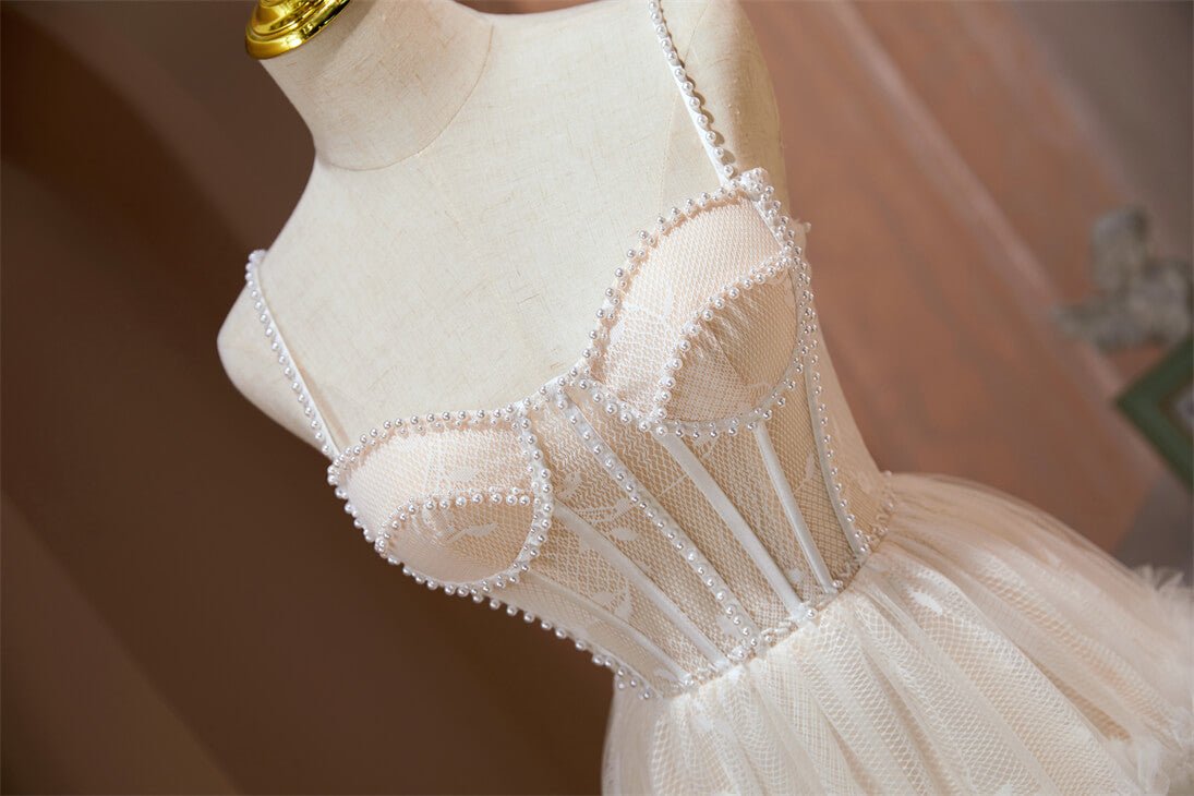 Pearl Spaghetti Strap Homecoming Dresses Short Tulle Graduation Dress SD1505-Dresses 2025 -Viniodress-Ivory-Custom Size-