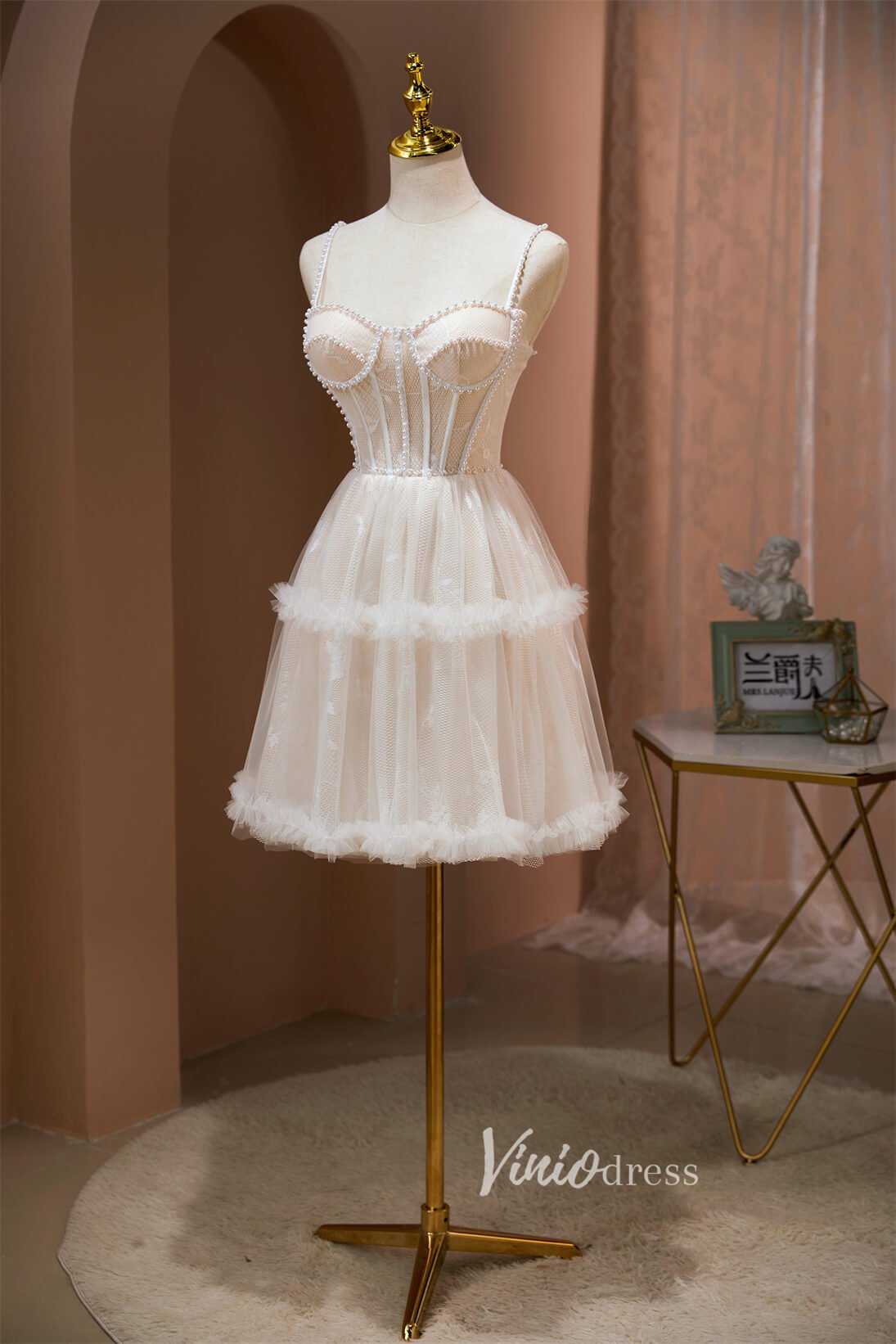 Pearl Spaghetti Strap Homecoming Dresses Short Tulle Graduation Dress SD1505-Dresses 2025 -Viniodress-Ivory-Custom Size-