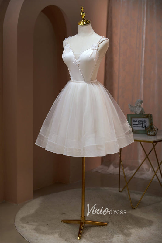 Pearl Spaghetti Strap Homecoming Dresses Short Tulle Graduation Dress SD1506-Dresses 2025 -Viniodress-Ivory-Custom Size-