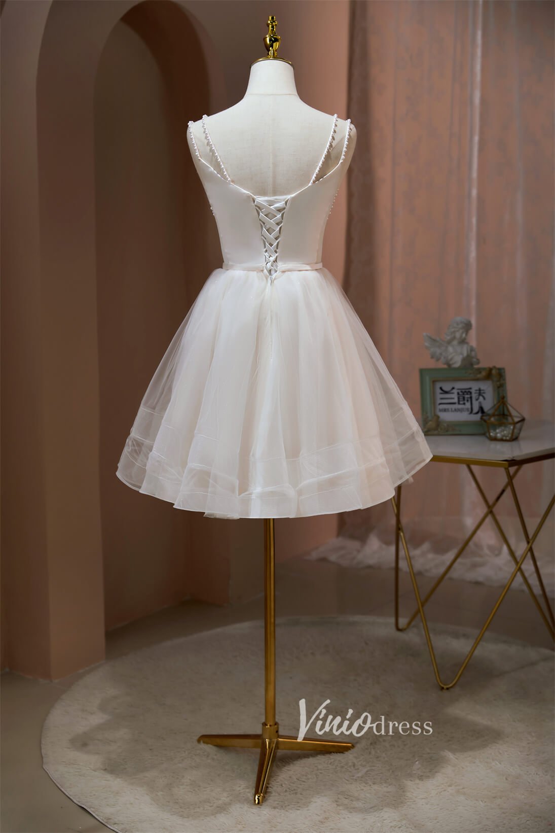 Pearl Spaghetti Strap Homecoming Dresses Short Tulle Graduation Dress SD1506-Dresses 2025 -Viniodress-Ivory-Custom Size-