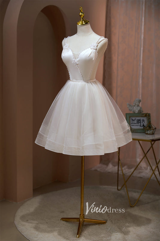 Short Prom Dresses 2025 Pearl Spaghetti Strap Homecoming Dresses Short Tulle Graduation Dress SD1506-Dresses-Viniodress-Ivory-Custom Size-Viniodress