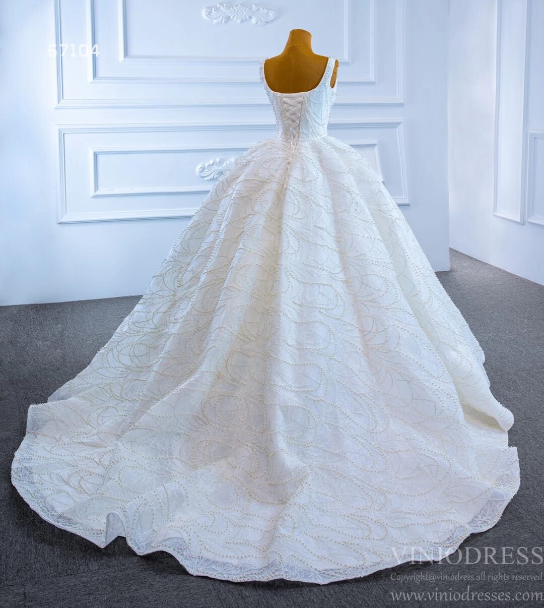 Pearl Wedding Dress Ball Gown 67104 Square Neck-wedding dresses 2025 -Viniodress-Ivory-Custom Size-