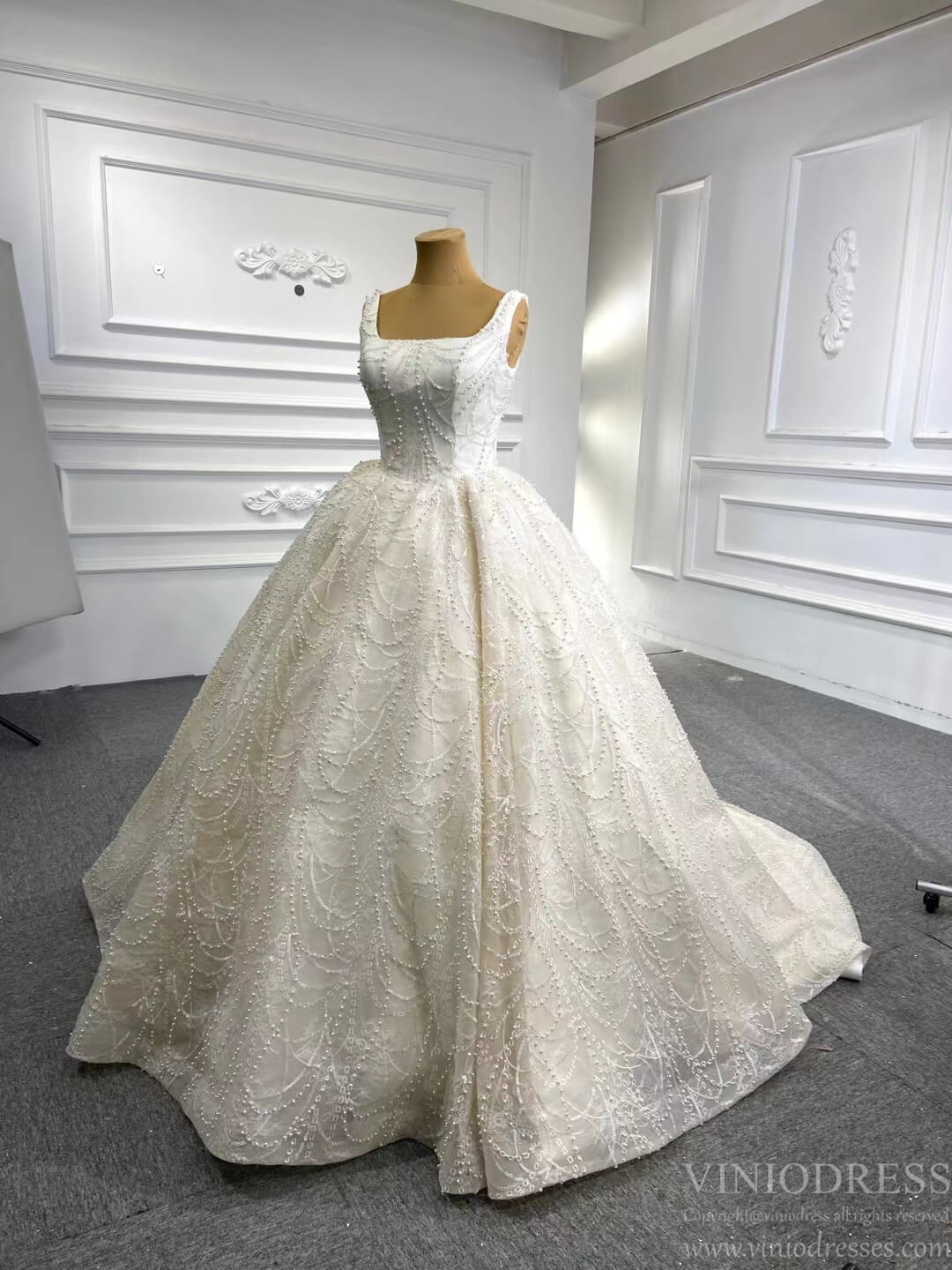 Pearl Wedding Dress Ball Gown 67104 Square Neck-wedding dresses 2025 -Viniodress-Ivory-Custom Size-