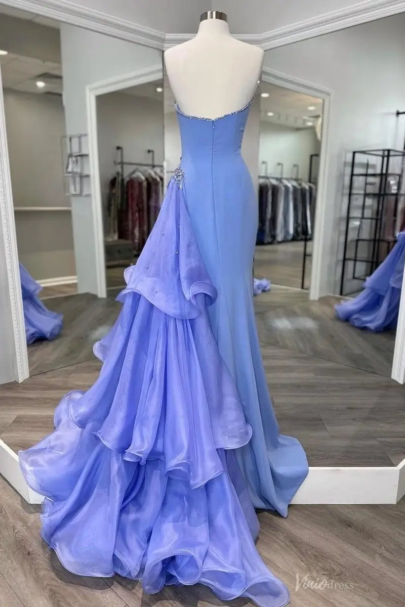 Periwinkle Strapless Mermaid Pageant Gown with Crystal Trim & Draped Chiffon Train – PG018-Pageant Dress 2026-Viniodress-Periwinkle-Custom Size-