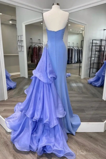 Periwinkle Strapless Mermaid Pageant Gown with Crystal Trim & Draped Chiffon Train – PG018-Pageant Dress 2026-Viniodress-Periwinkle-Custom Size-