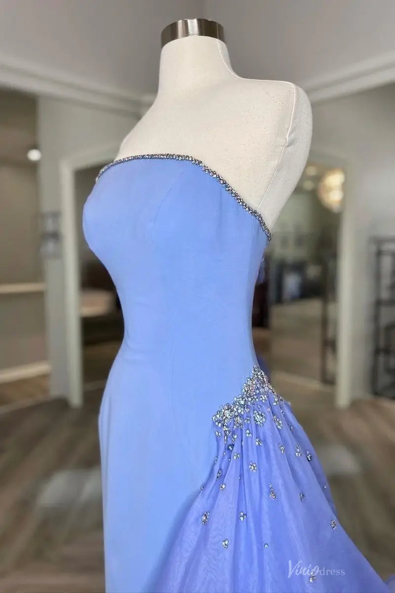 Periwinkle Strapless Mermaid Pageant Gown with Crystal Trim & Draped Chiffon Train – PG018-Pageant Dress 2026-Viniodress-Periwinkle-Custom Size-