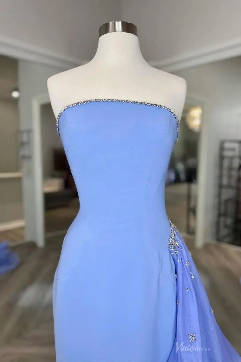 Periwinkle Strapless Mermaid Pageant Gown with Crystal Trim & Draped Chiffon Train – PG018-Pageant Dress 2026-Viniodress-Periwinkle-Custom Size-
