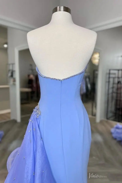 Periwinkle Strapless Mermaid Pageant Gown with Crystal Trim & Draped Chiffon Train – PG018-Pageant Dress 2026-Viniodress-Periwinkle-Custom Size-
