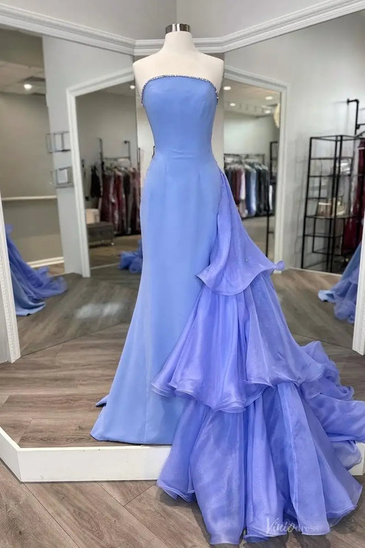 Periwinkle Strapless Mermaid Pageant Gown with Crystal Trim & Draped Chiffon Train – PG018