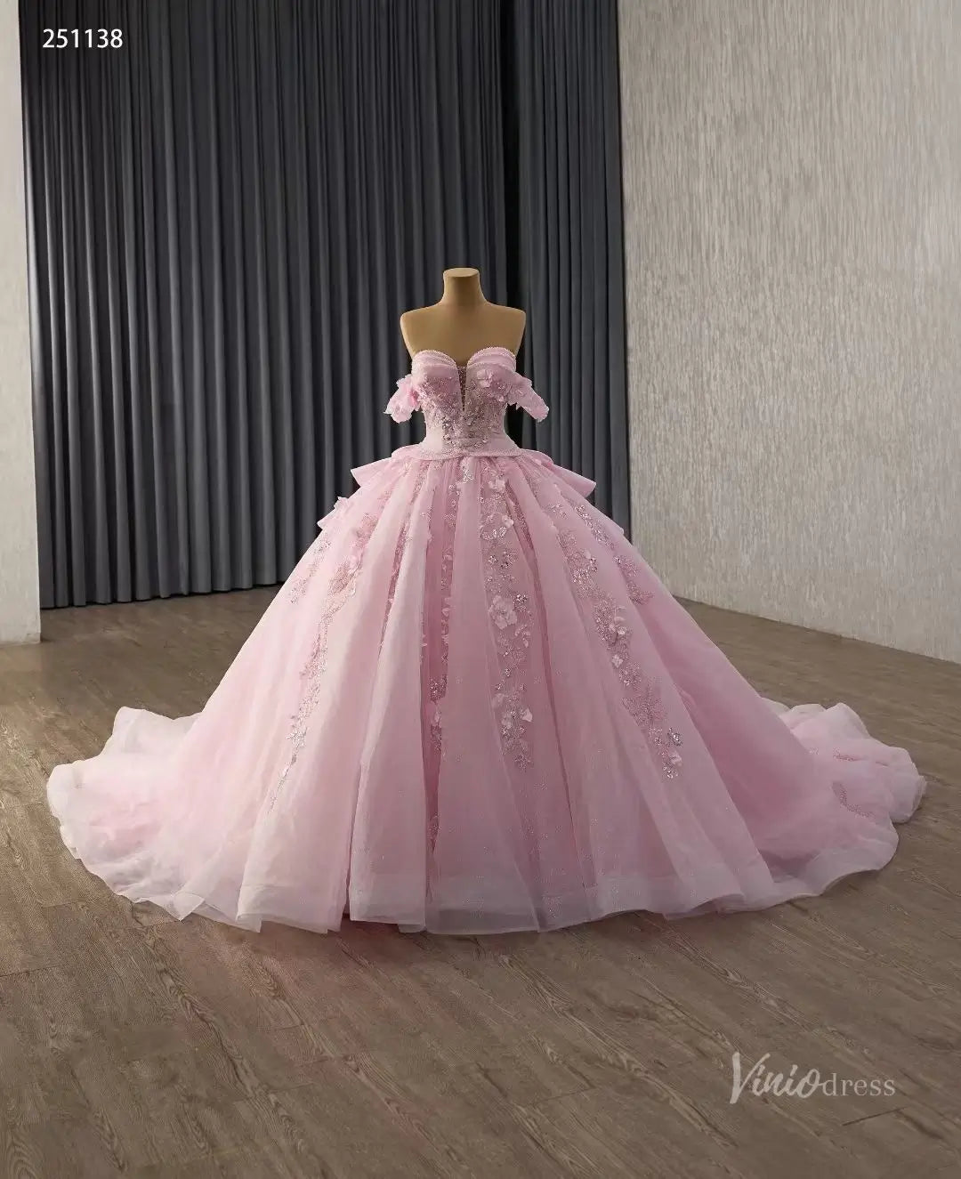 Pink 3D Floral Quinceañera Ball Gown with Sheer Corset, Off-Shoulder Sleeves & Layered Ruffle Back – 251138-Quinceanera Dresses 2026-Viniodress-Pink-Custom Size – Add Measurements in Cart-