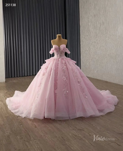 Pink 3D Floral Quinceañera Ball Gown with Sheer Corset, Off-Shoulder Sleeves & Layered Ruffle Back – 251138-Quinceanera Dresses 2026-Viniodress-Pink-Custom Size – Add Measurements in Cart-