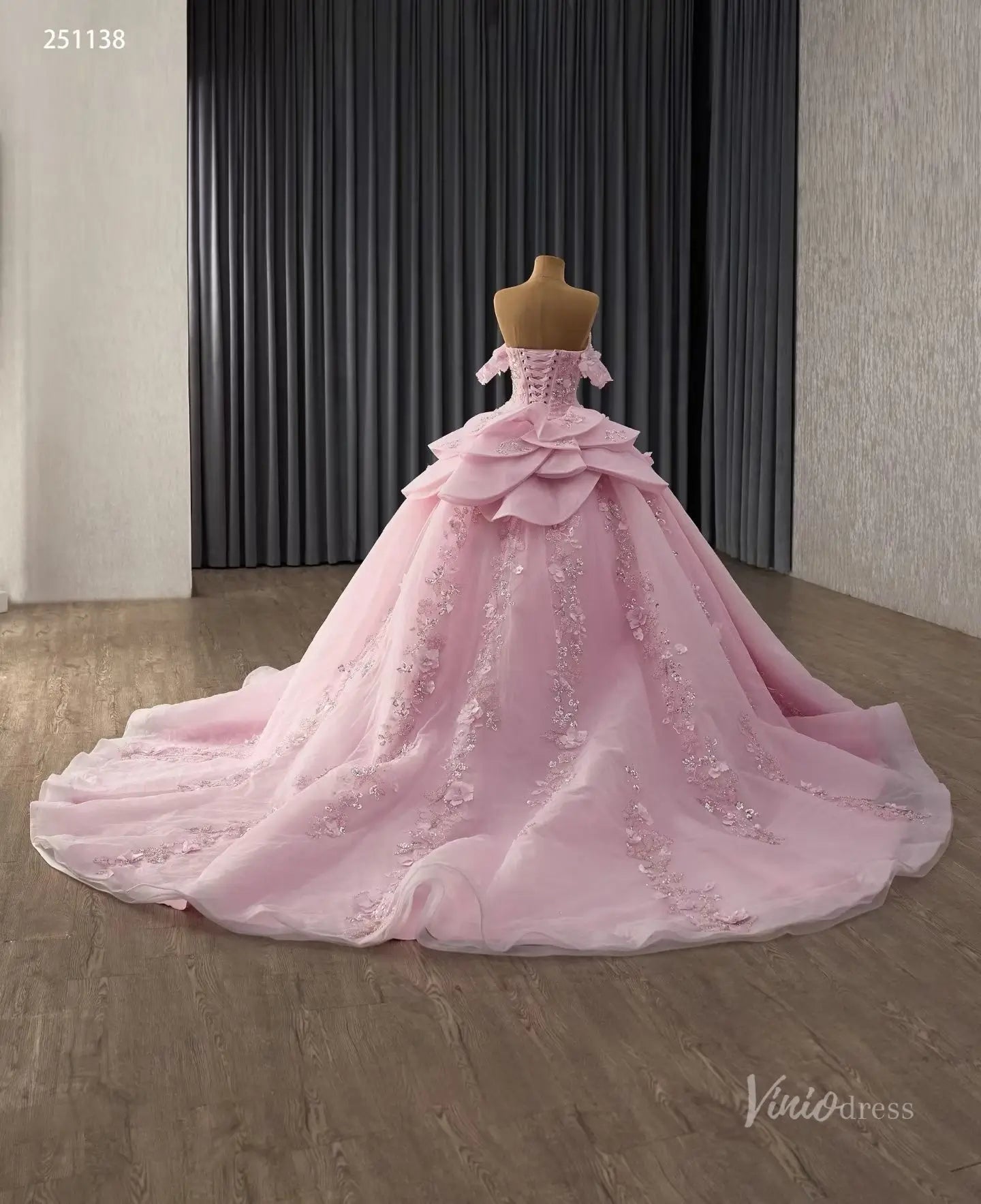 Pink 3D Floral Quinceañera Ball Gown with Sheer Corset, Off-Shoulder Sleeves & Layered Ruffle Back – 251138-Quinceanera Dresses 2026-Viniodress-Pink-Custom Size – Add Measurements in Cart-
