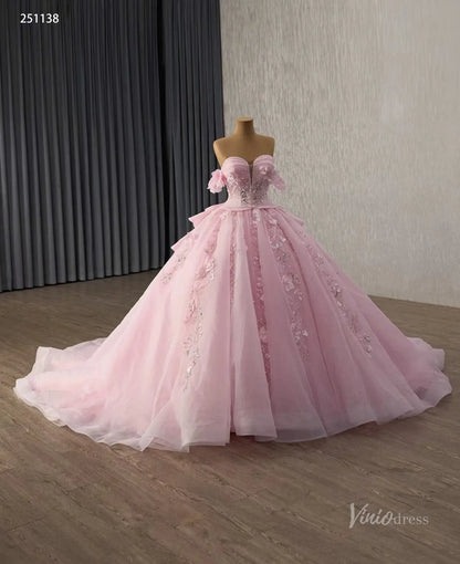 Pink 3D Floral Quinceañera Ball Gown with Sheer Corset, Off-Shoulder Sleeves & Layered Ruffle Back – 251138-Quinceanera Dresses 2026-Viniodress-Pink-Custom Size – Add Measurements in Cart-