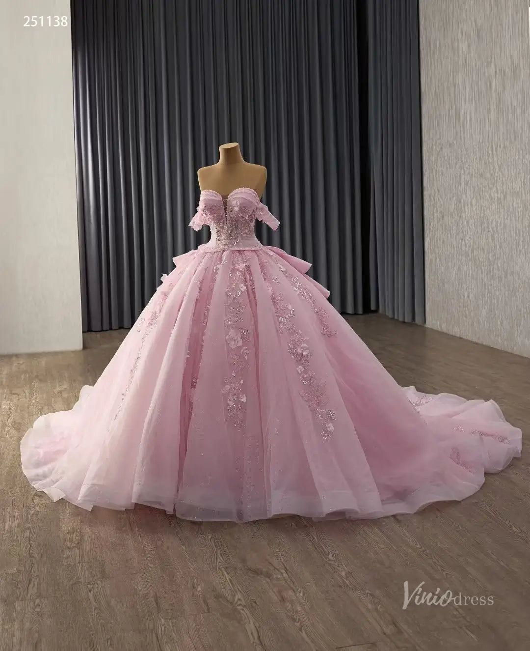 Pink 3D Floral Quinceañera Ball Gown with Sheer Corset, Off-Shoulder Sleeves & Layered Ruffle Back – 251138-Quinceanera Dresses 2026-Viniodress-Pink-Custom Size – Add Measurements in Cart-
