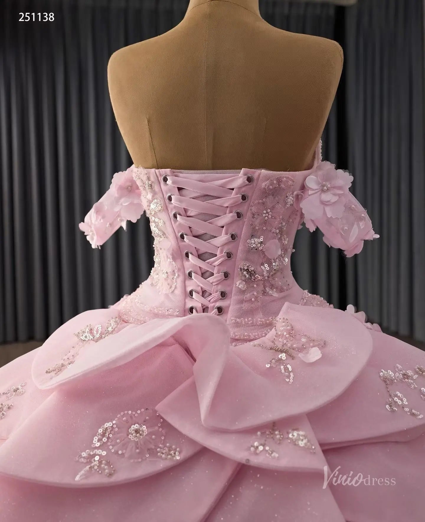 Pink 3D Floral Quinceañera Ball Gown with Sheer Corset, Off-Shoulder Sleeves & Layered Ruffle Back – 251138-Quinceanera Dresses 2026-Viniodress-Pink-Custom Size – Add Measurements in Cart-