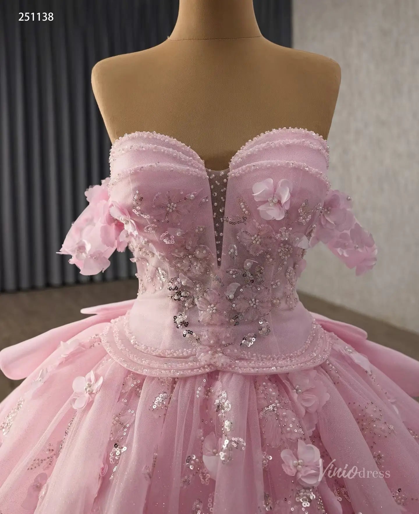 Pink 3D Floral Quinceañera Ball Gown with Sheer Corset, Off-Shoulder Sleeves & Layered Ruffle Back – 251138-Quinceanera Dresses 2026-Viniodress-Pink-Custom Size – Add Measurements in Cart-