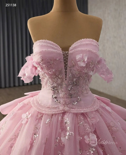 Pink 3D Floral Quinceañera Ball Gown with Sheer Corset, Off-Shoulder Sleeves & Layered Ruffle Back – 251138-Quinceanera Dresses 2026-Viniodress-Pink-Custom Size – Add Measurements in Cart-