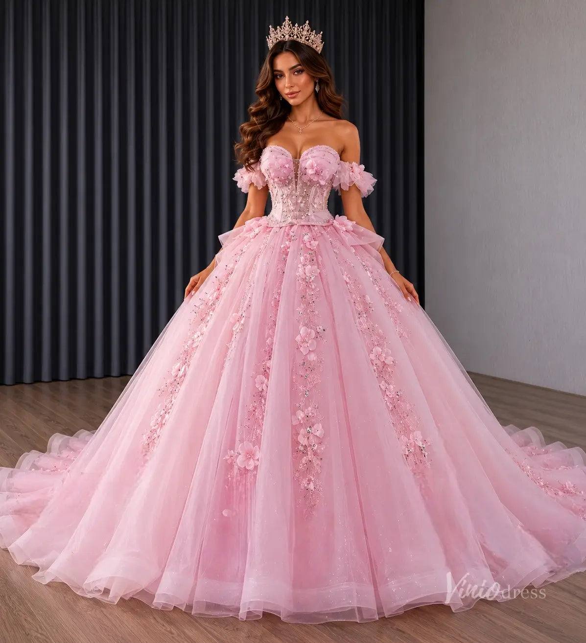 Pink 3D Floral Quinceañera Ball Gown with Sheer Corset, Off-Shoulder Sleeves & Layered Ruffle Back – 251138-Quinceanera Dresses 2026-Viniodress-Pink-Custom Size – Add Measurements in Cart-