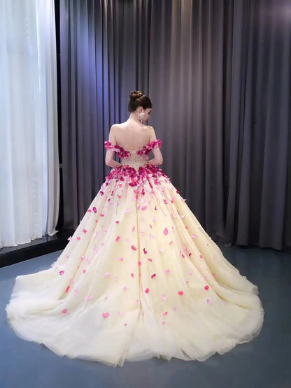 Pink 3D floral Quinceanera Dresses Off the Shoulder Debutante Gowns 231146-Quinceanera Dresses 2025 -Viniodress-Champagne-Custom Size-