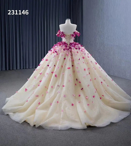 Pink 3D floral Quinceanera Dresses Off the Shoulder Debutante Gowns 231146-Quinceanera Dresses 2025 -Viniodress-Champagne-Custom Size-