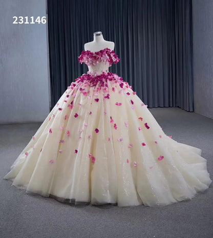 Pink 3D floral Quinceanera Dresses Off the Shoulder Debutante Gowns 231146-Quinceanera Dresses 2025 -Viniodress-Champagne-Custom Size-