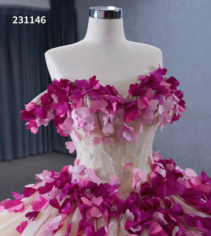 Pink 3D floral Quinceanera Dresses Off the Shoulder Debutante Gowns 231146-Quinceanera Dresses 2025 -Viniodress-Champagne-Custom Size-