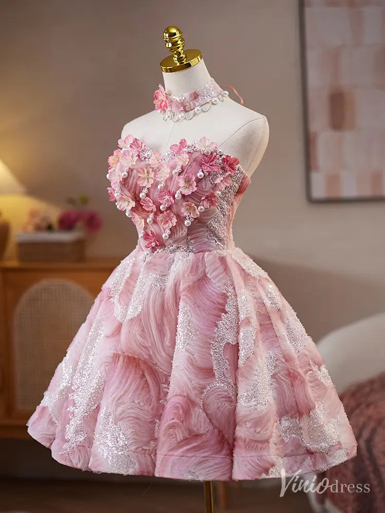 Pink 3D Floral Strapless Homecoming Dress with Pearls and Lace-Up Back – BJ076-prom dresses 2025 -Viniodress-Pink-Custom Size-
