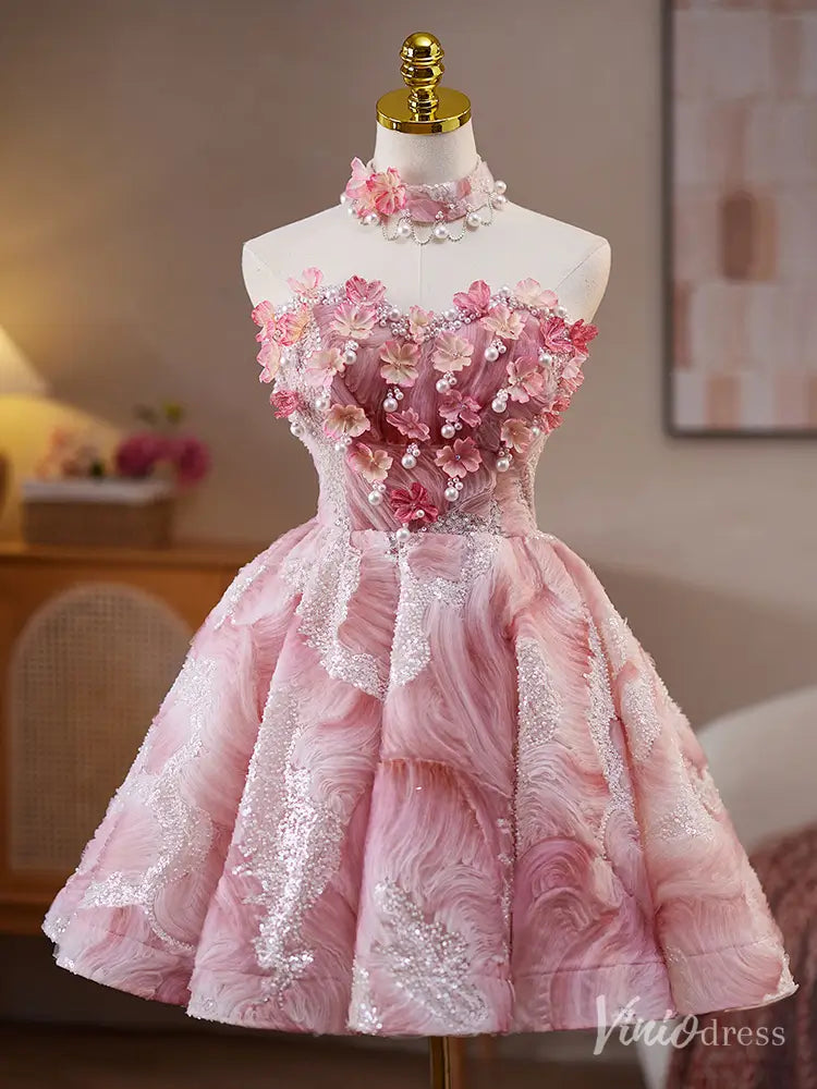 Pink 3D Floral Strapless Homecoming Dress with Pearls and Lace-Up Back – BJ076-prom dresses 2025 -Viniodress-Pink-Custom Size-