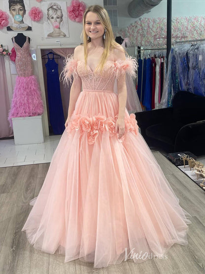 Pink 3D Flower Blossom Prom Dresses Lace Boned Bodice Feather Strap FD4016-prom dresses 2025 -Viniodress-Bush Pink-Custom Size-