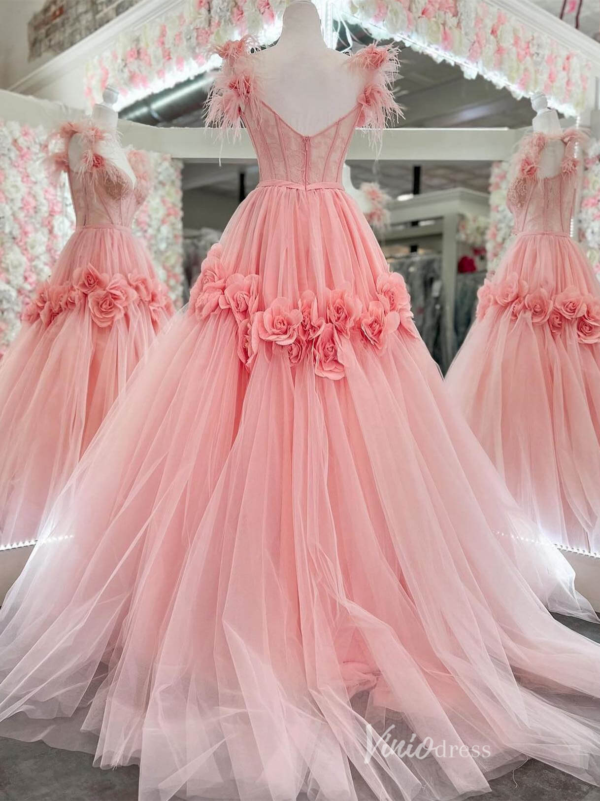 Pink 3D Flower Blossom Prom Dresses Lace Boned Bodice Feather Strap FD4016-prom dresses 2025 -Viniodress-Pink-Custom Size-