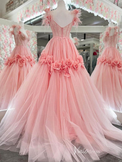 Pink 3D Flower Blossom Prom Dresses Lace Boned Bodice Feather Strap FD4016-prom dresses 2025 -Viniodress-Pink-Custom Size-