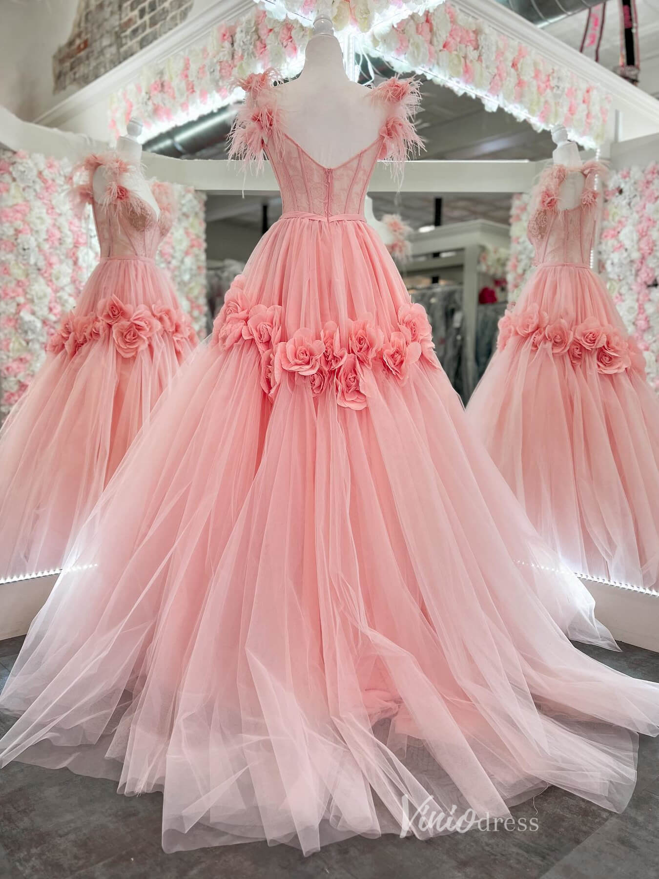 Pink 3D Flower Blossom Prom Dresses Lace Boned Bodice Feather Strap FD4016-prom dresses 2025 -Viniodress-Pink-Custom Size-