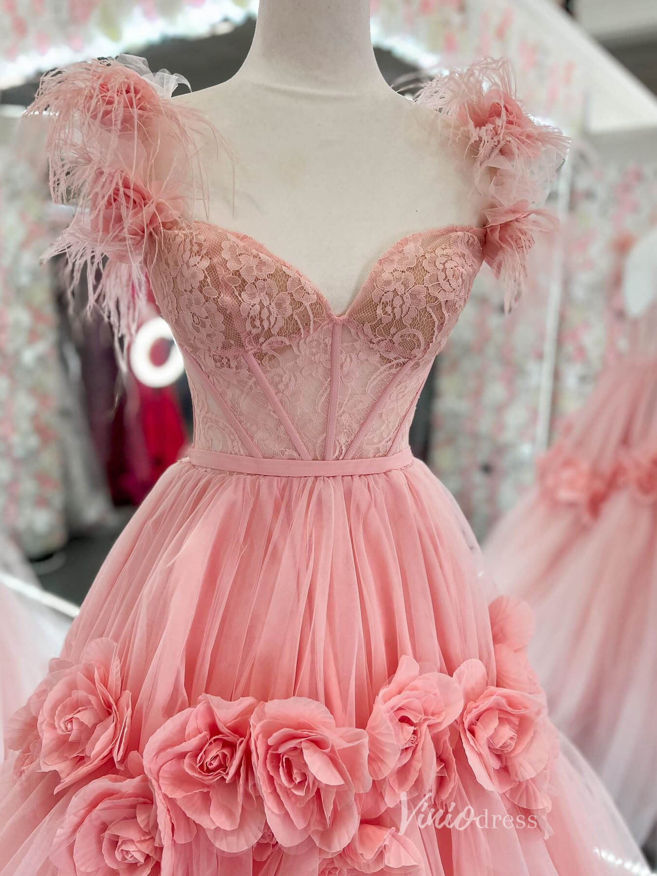 Pink 3D Flower Blossom Prom Dresses Lace Boned Bodice Feather Strap FD4016-prom dresses 2025 -Viniodress-Pink-Custom Size-