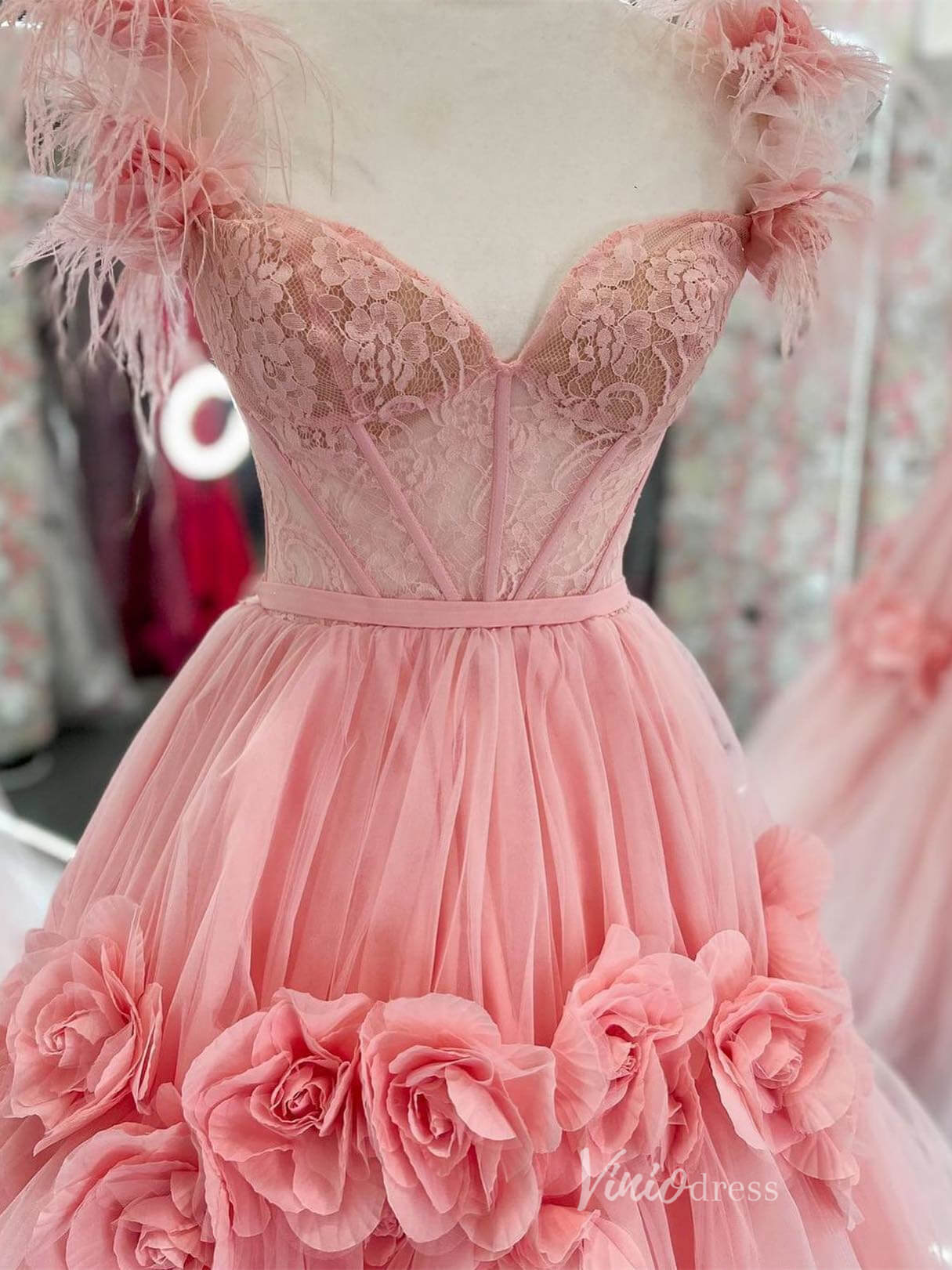 Pink 3D Flower Blossom Prom Dresses Lace Boned Bodice Feather Strap FD4016-prom dresses 2025 -Viniodress-Pink-Custom Size-