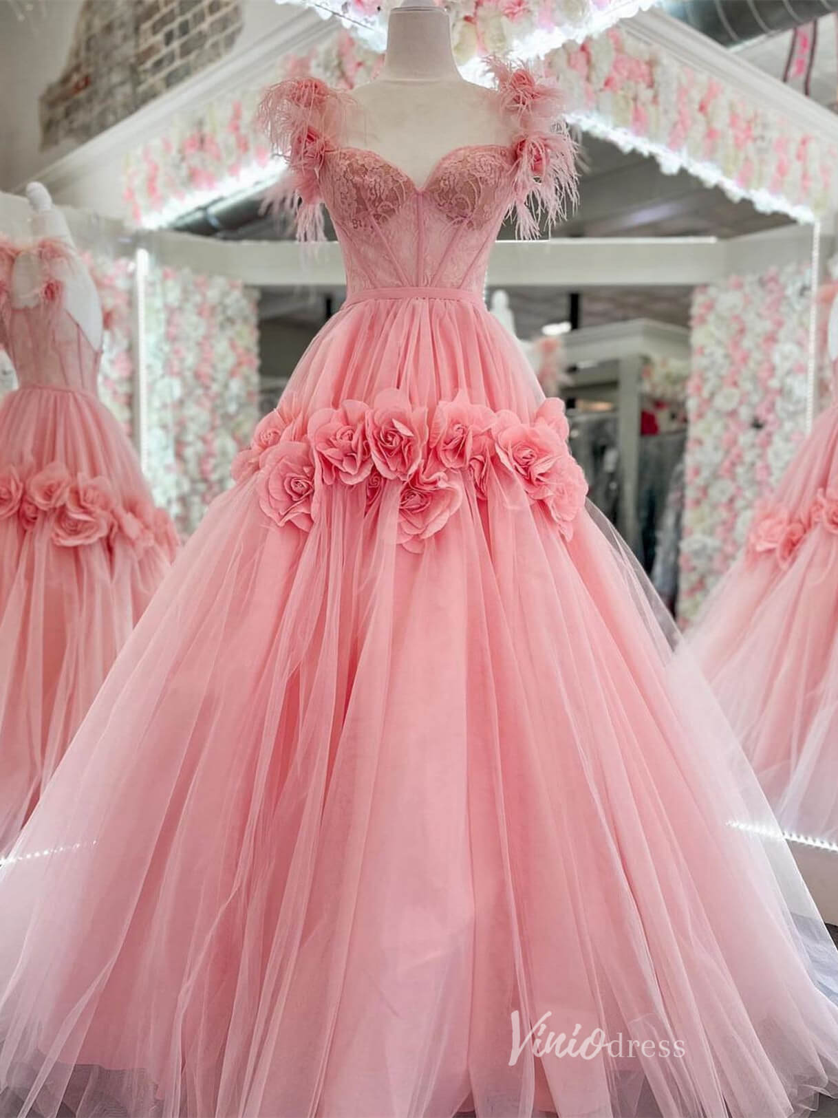 Pink 3D Flower Blossom Prom Dresses Lace Boned Bodice Feather Strap FD4016-prom dresses 2025 -Viniodress-Pink-Custom Size-