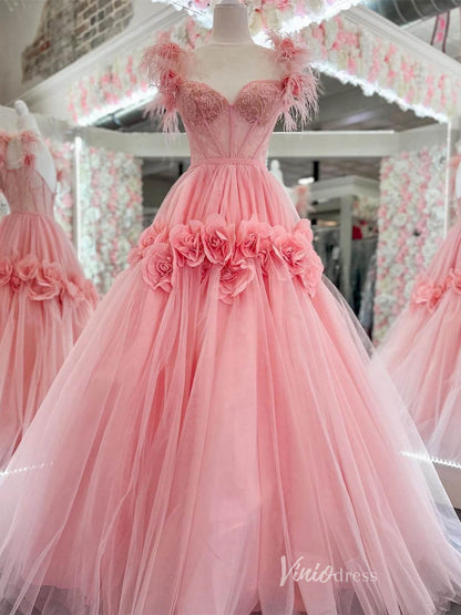 Pink 3D Flower Blossom Prom Dresses Lace Boned Bodice Feather Strap FD4016-prom dresses 2025 -Viniodress-Pink-Custom Size-