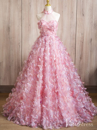 Pink 3D Flower Halter Neck Quinceanera Dresses Floral Ball Gown AD1378-prom dresses 2025 -Viniodress-Pink-Custom Size-