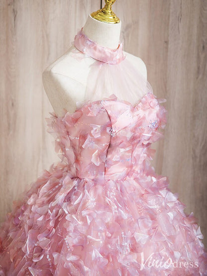 Pink 3D Flower Halter Neck Quinceanera Dresses Floral Ball Gown AD1378-prom dresses 2025 -Viniodress-Pink-Custom Size-
