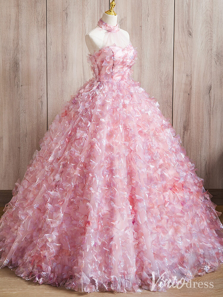 Pink 3D Flower Halter Neck Quinceanera Dresses Floral Ball Gown AD1378-prom dresses-Viniodress-Viniodress