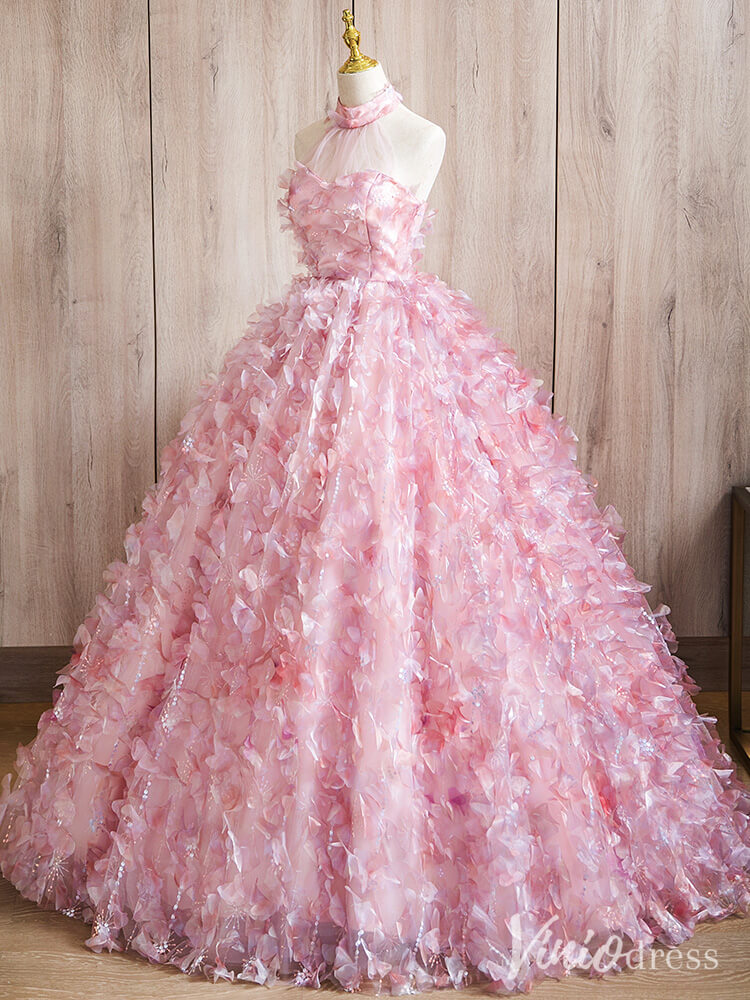 Pink 3D Flower Halter Neck Quinceanera Dresses Floral Ball Gown AD1378-prom dresses-Viniodress-Viniodress