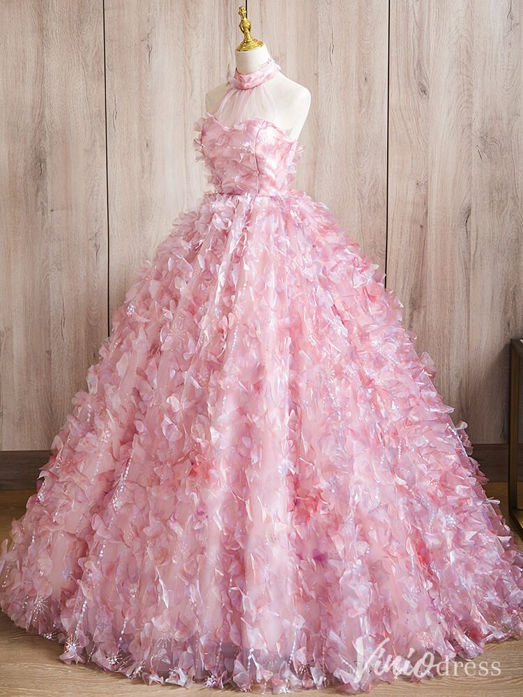 Pink 3D Flower Halter Neck Quinceanera Dresses Floral Ball Gown AD1378 - Viniodressprom dressesPinkCustom Size - Formal Dresses - Ball Gowns